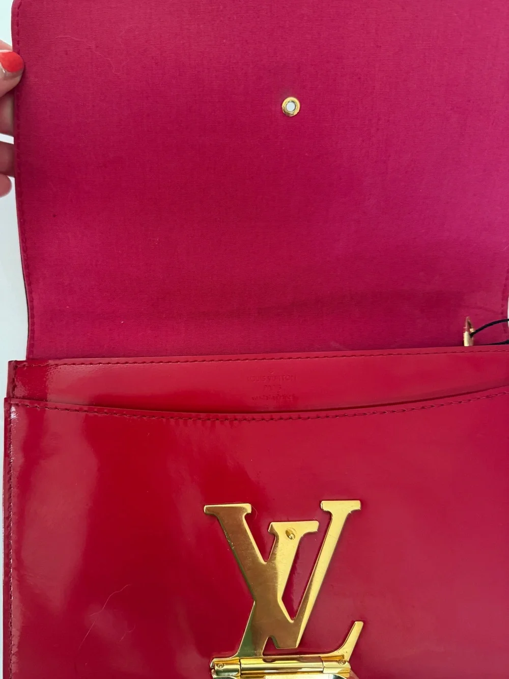 Louis Vuitton Red Patent Louise Clutch with Gold LV Emblem